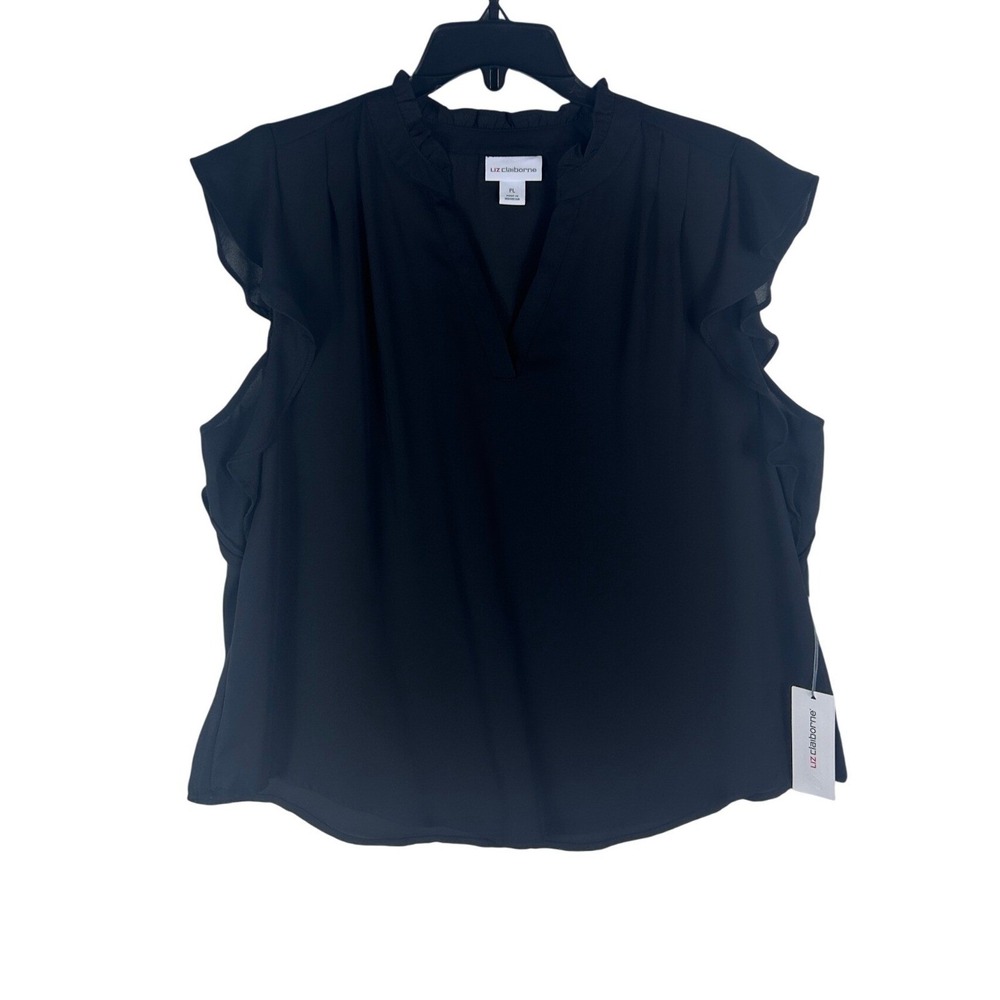 Liz Claiborne Black‎ Flutter Sleeve Ruffle Neck V Neck Petite Blouse Top PL NEW